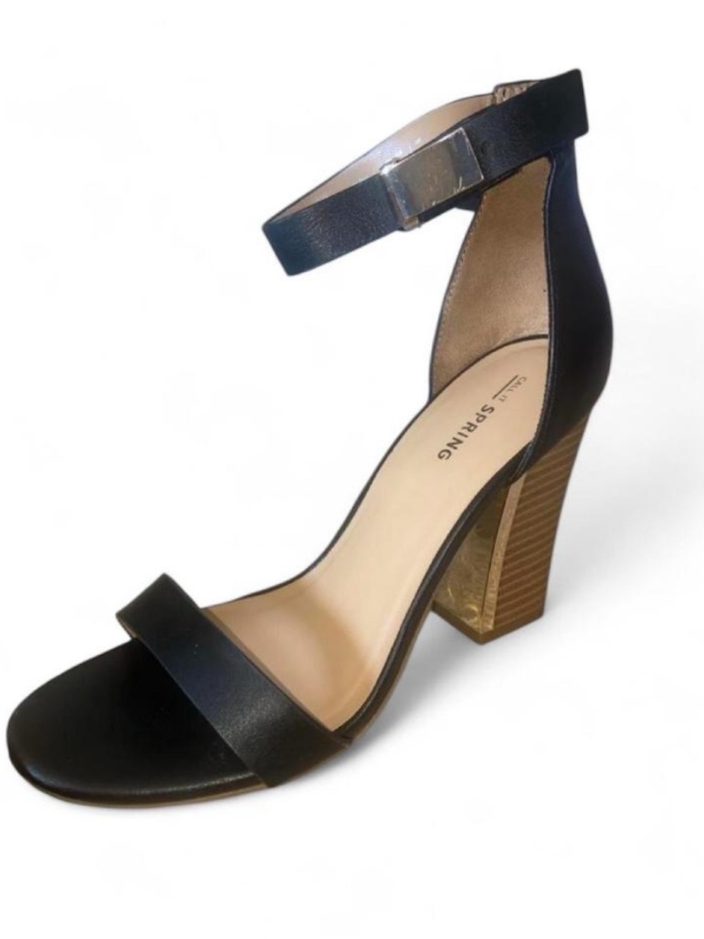 Call It Spring Black Ankle-Strap Block Heel Sandal with Wood-Effect Heel